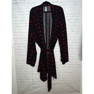 Cacique Black Red Heart Polka Dot Sheer Mesh Tie Waist Robe Kimono Size 26/28